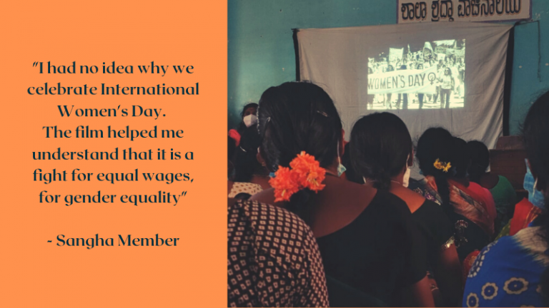 Women watching a film about the history and the significance of International Women's Day. A Sangha member says, "I did not know why we celebrate International Women's Day. Now I know that it is a fight for eual wages, for gender equality.
