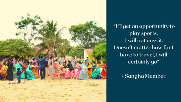 Women playing tug-of-war at a village playground. A quote by a woman who loves to play sports.